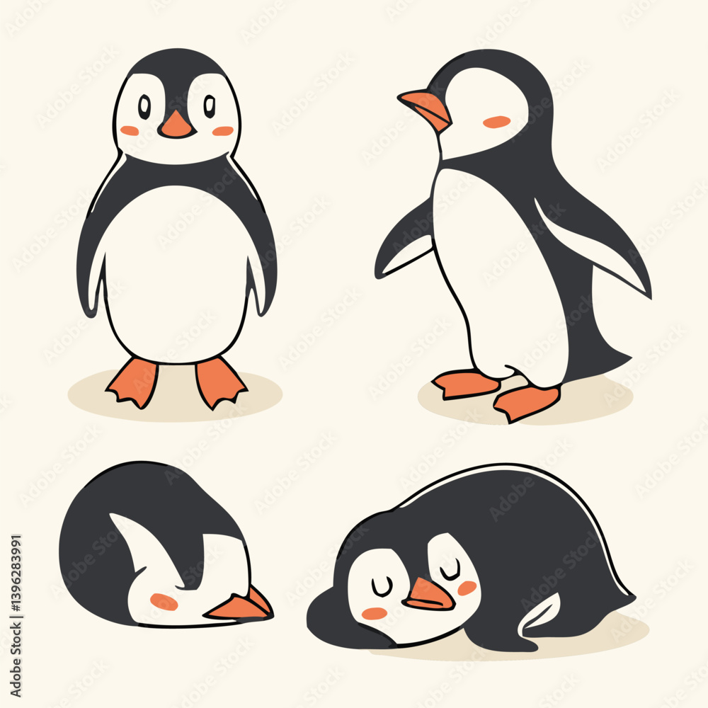Fototapeta premium Cute and Silhouette Penguin Vector Set – Cartoon Baby Penguins in Various Poses and Black and White Icons for Kids, Winter, and Wildlife Design.