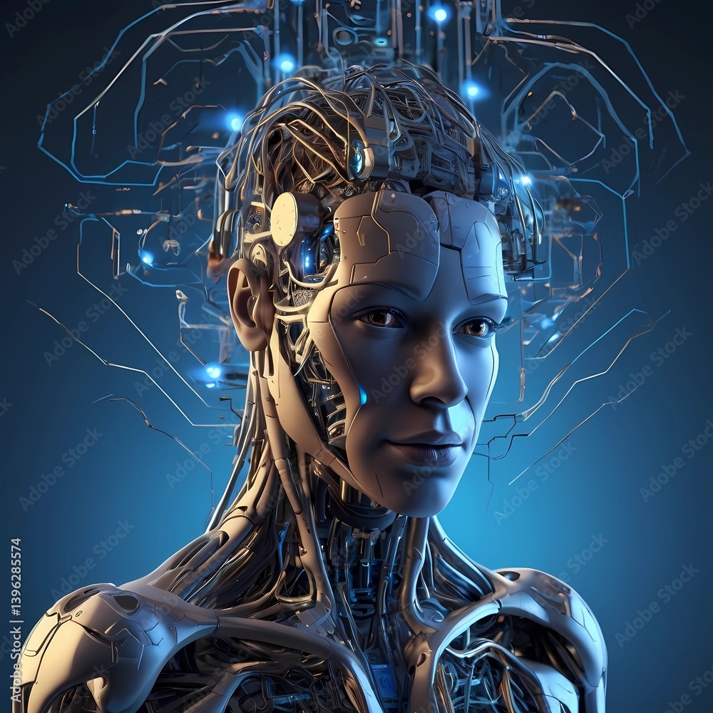Futuristic AI Robot with Human Features and Neural Interface Futuristic AI Robot with Human Features and Neural Interface