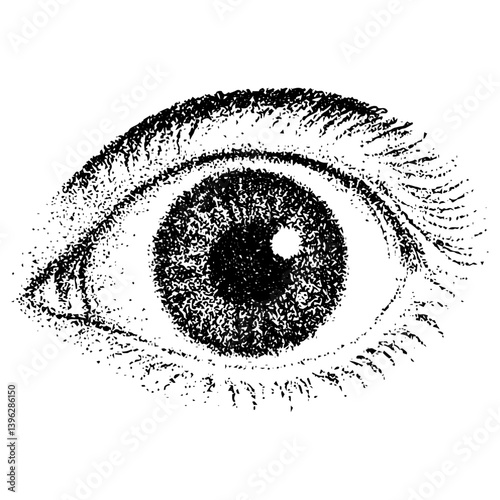 Scared eye with halftone stipple effect, for grunge punk y2k collage design. Vector illustration in vintage photocopy style for gothic surreal poster or banner.