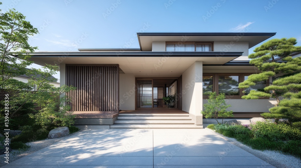 Exterior view of a modern home with a flat roof and manicured garden on a bright sunny day time Exterior view of a modern home with a flat roof and manicured garden on a bright sunny day time