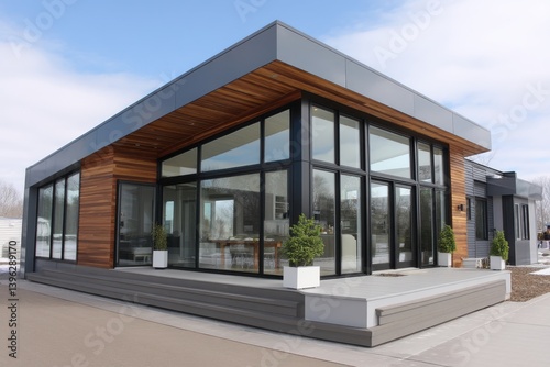 Wallpaper Mural Exterior view of a modern house with large windows and wood accents under a cloudy sky above ground Torontodigital.ca