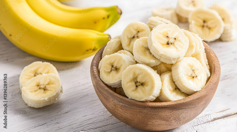 Sliced Bananas in a Bowl on a White Wooden Table Sliced Bananas in a Bowl on a White Wooden Table