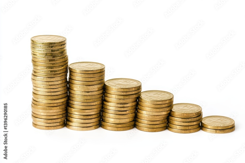 Stacks of gold coins decreasing in height isolated on white background Stacks of gold coins decreasing in height isolated on white background