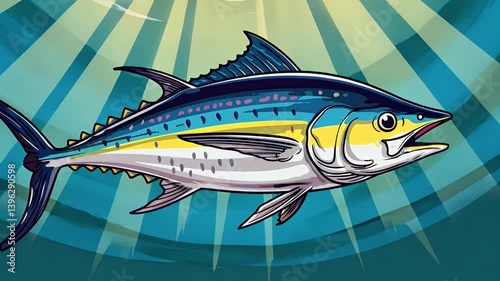 Wallpaper Mural World Tuna Day video background with vibrant tuna fish swimming in stylized water. Torontodigital.ca