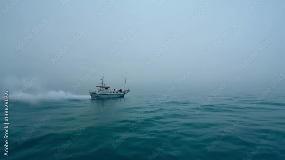 A boat navigates through foggy waters, creating ripples in the calm sea. A boat navigates through foggy waters, creating ripples in the calm sea.