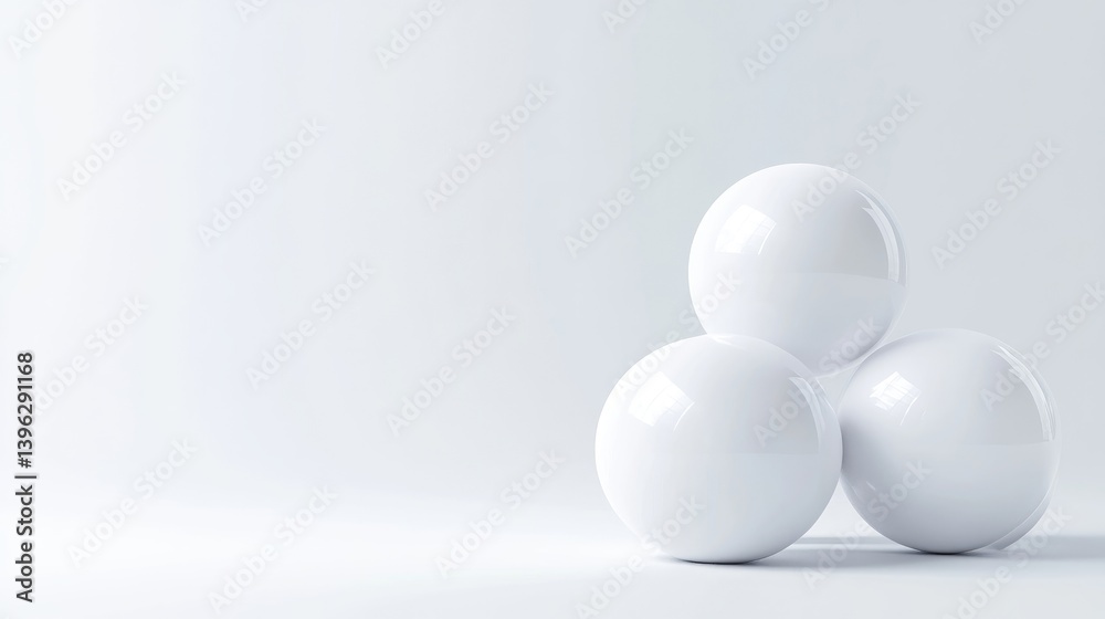 Three white spheres arranged in a triangle on a plain white background. Minimalist geometric design