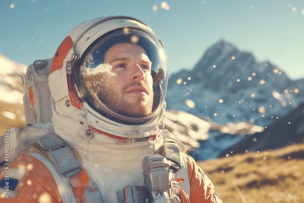 Astronaut gazing at mountain range Astronaut gazing at mountain range