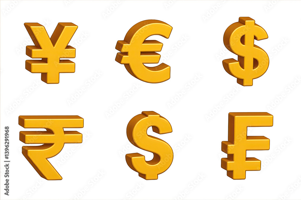 3D-style icons of currency symbols: dollar sign, euro, yen, pound bitcoin, rupee, won, franc. Glossy metallic 3D style 3D-style icons of currency symbols: dollar sign, euro, yen, pound bitcoin, rupee, won, franc. Glossy metallic 3D style