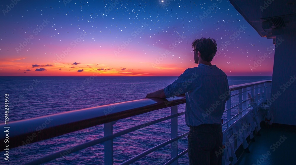 Fototapeta premium Serene Sunset View from Cruise Ship with Man Gazing at Ocean Horizon