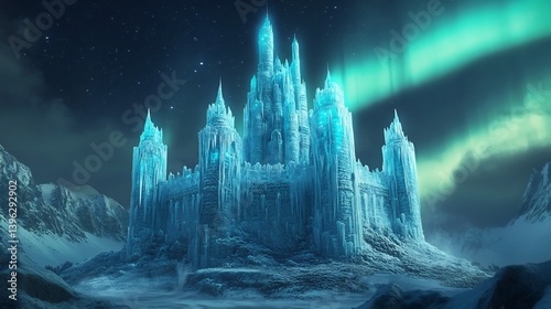 Ice castle fantasy landscape magnificent castle made entirely of ice glowing blue and white under the Northern Lights