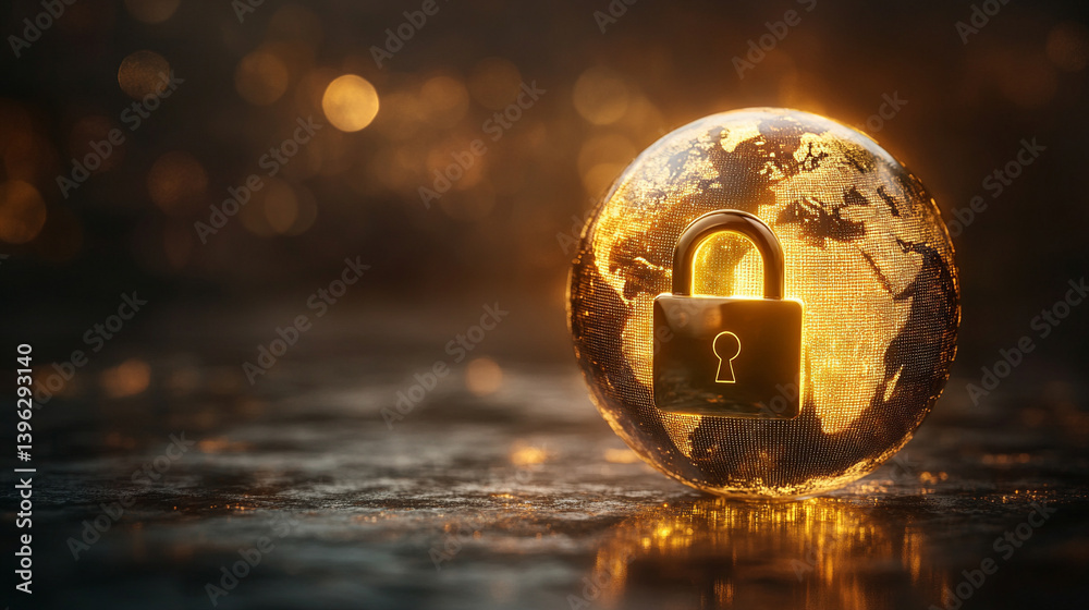 A glowing globe with a digital padlock representing global cybersecurity and digital protection, set against a dark background. Symbolizing the fusion of technology, security, and the digital world.