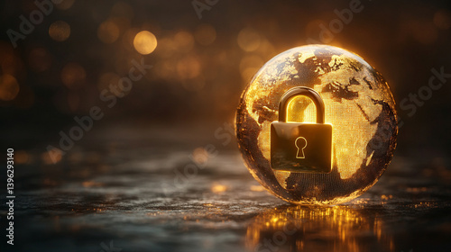 Obraz na płótnie A glowing globe with a digital padlock representing global cybersecurity and digital protection, set against a dark background. Symbolizing the fusion of technology, security, and the digital world.
w salonie