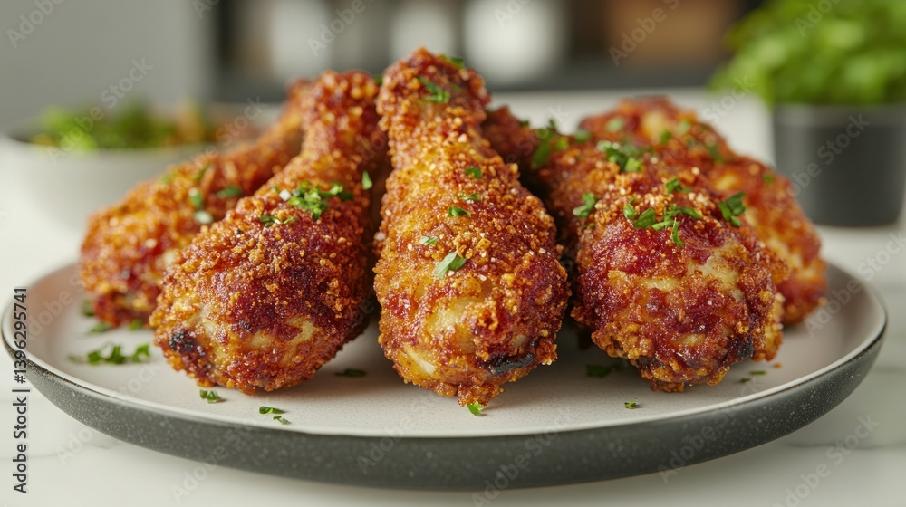 Crispy, golden-brown chicken drumsticks, piled high on a plate. Appetizing, flavorful, and ready to eat Crispy, golden-brown chicken drumsticks, piled high on a plate. Appetizing, flavorful, and ready to eat