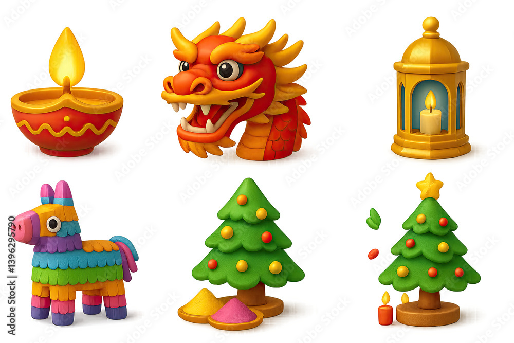 Obraz premium 3D-style icons of cultural holidays: Diwali lamp, Lunar New Year dragon, Hanukkah menorah, Eid lantern Piñata, Holi colors, Christmas tree, Kwanzaa candle. Festive international 3D theme