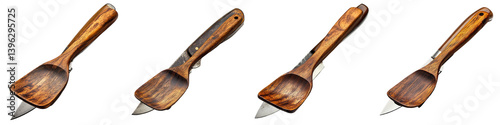 Set of Wooden Spatula with Metal Blade realistic image isolated on transparent background