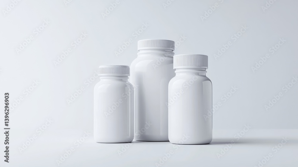Three blank white pill bottles of varying sizes on a plain background Three blank white pill bottles of varying sizes on a plain background