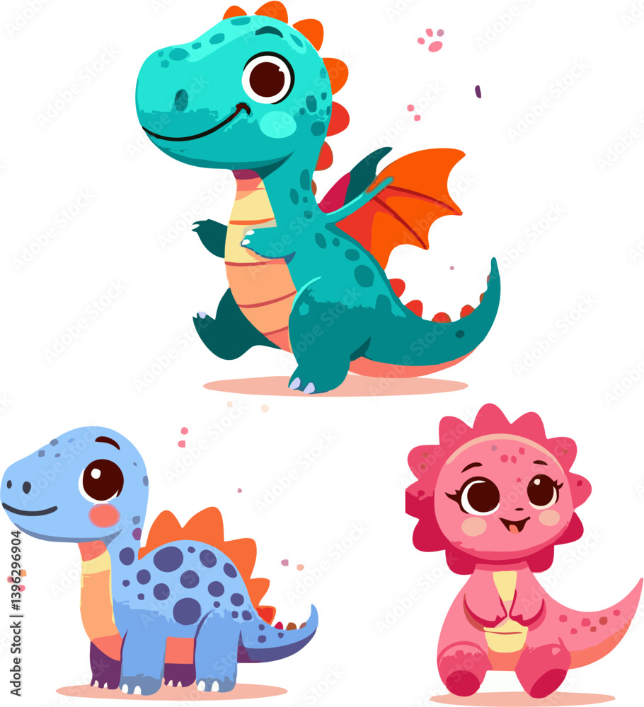 Obraz premium Cute Cartoon Baby Dinosaurs - Prehistoric Animal Vector Collection
