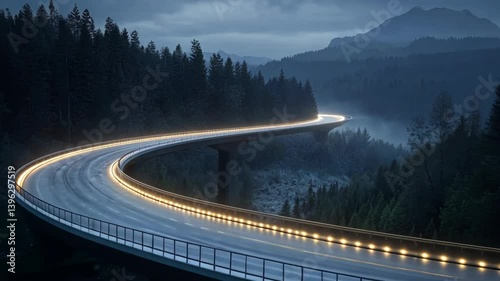  Elevated highway winds through forest landscape at dusk, illuminated guardrails on curvy overpass in mountain terrain with dark moody tones