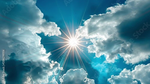Bright sun shining through fluffy clouds in serene blue sky creates warm atmosphere, where rays of sunlight evoke feelings of tranquility and peace in nature.