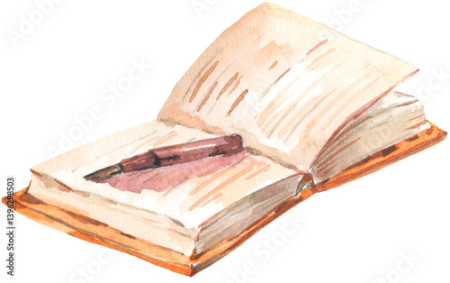 old book isolated with a pen on white watercolor transparent PNG illustration