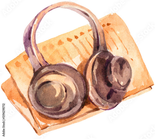 Headphones and playlist isolated watercolor transparent PNG illustration