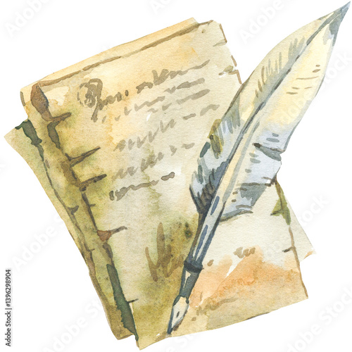 old paper with feather pen and ink isolated watercolor transparent PNG illustration