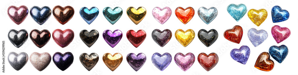 Colorful Heart Shapes in Various Shades and Textures on a White Background