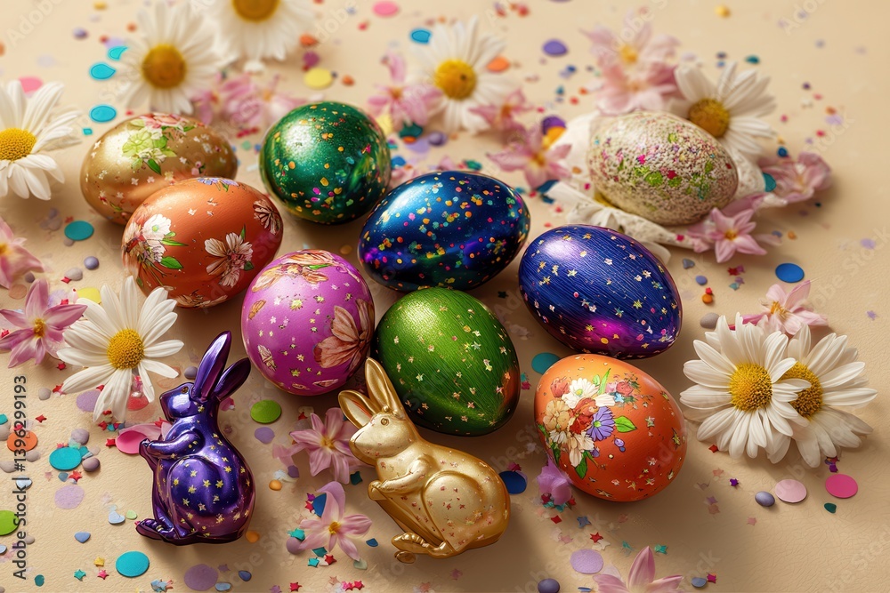 Fototapeta premium Colorful Easter eggs and daisies on a festive background.