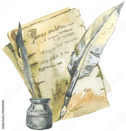 old paper and feather isolated watercolor transparent PNG illustration