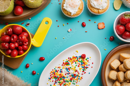 Wallpaper Mural Overhead view of colorful food: cupcakes with frosting, fresh strawberries, bread pieces, and sprinkles scattered on a blue surface. Torontodigital.ca