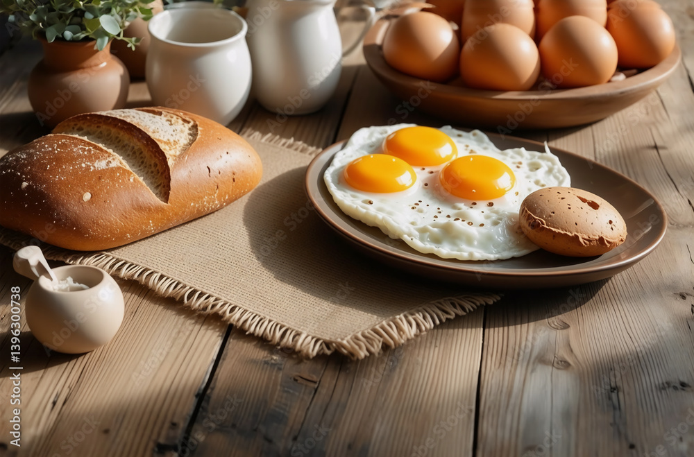 Rustic breakfast still life with fried eggs, bread, and ceramic containers on a wooden table under natural sunlight. Rustic breakfast still life with fried eggs, bread, and ceramic containers on a wooden table under natural sunlight.