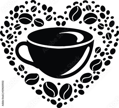 Heart Shaped Coffee Designs – Romantic Coffee Cup Illustrations with Beans, Steam, and Decorative Elements for Café Branding and Valentine’s Day.