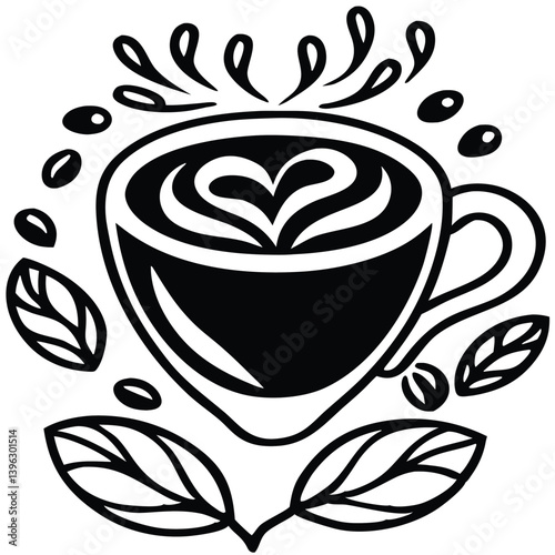 Heart Shaped Coffee Designs – Romantic Coffee Cup Illustrations with Beans, Steam, and Decorative Elements for Café Branding and Valentine’s Day.