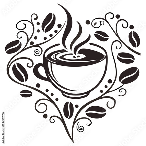 Heart Shaped Coffee Designs – Romantic Coffee Cup Illustrations with Beans, Steam, and Decorative Elements for Café Branding and Valentine’s Day.