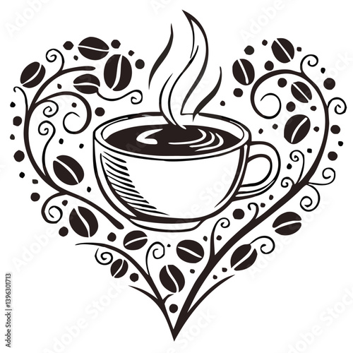 Heart Shaped Coffee Designs – Romantic Coffee Cup Illustrations with Beans, Steam, and Decorative Elements for Café Branding and Valentine’s Day.