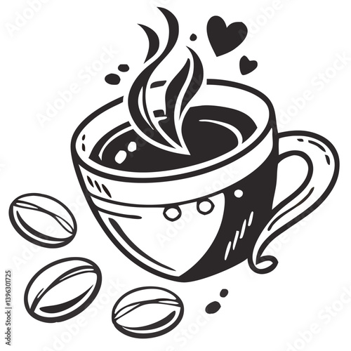 Heart Shaped Coffee Designs – Romantic Coffee Cup Illustrations with Beans, Steam, and Decorative Elements for Café Branding and Valentine’s Day.