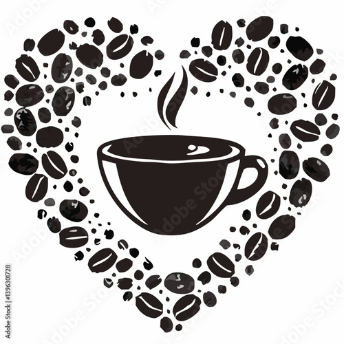 Heart Shaped Coffee Designs – Romantic Coffee Cup Illustrations with Beans, Steam, and Decorative Elements for Café Branding and Valentine’s Day.