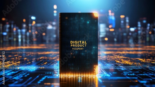 A digital product passport card brightly stands out in a futuristic, glowing, hightech environment, representing the essence of digital identity, innovation, and advanced technology