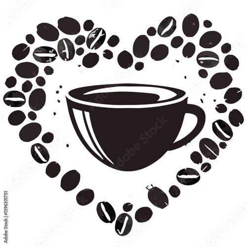 Heart Shaped Coffee Designs – Romantic Coffee Cup Illustrations with Beans, Steam, and Decorative Elements for Café Branding and Valentine’s Day.