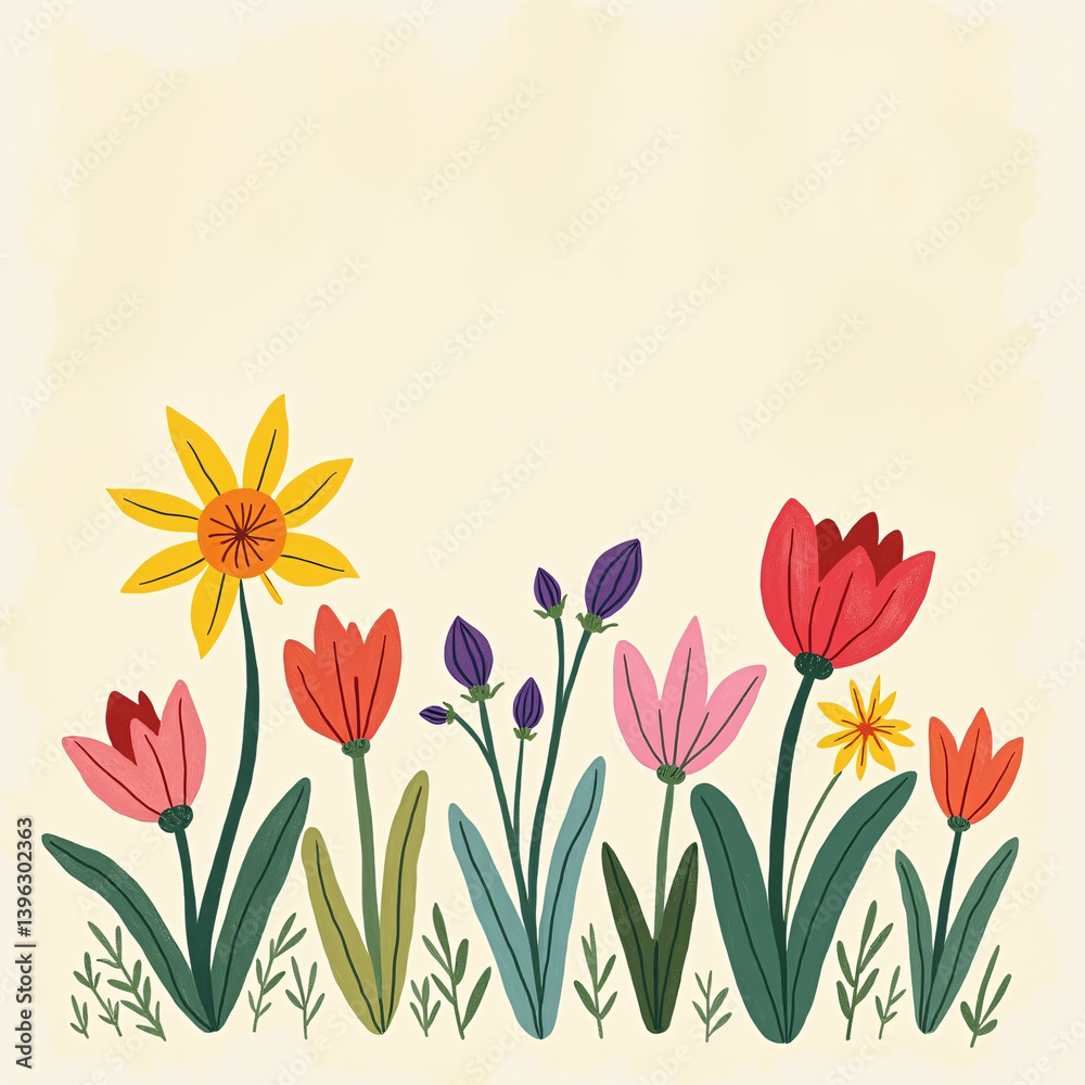 Fototapeta premium Spring cutest card or poster for the spring holiday with wildflowers, Narcissus flower, Crocus flowers. Hand drawn Floral art template for Womens Day , Easter, birthday and Mothers Day. Generative ai