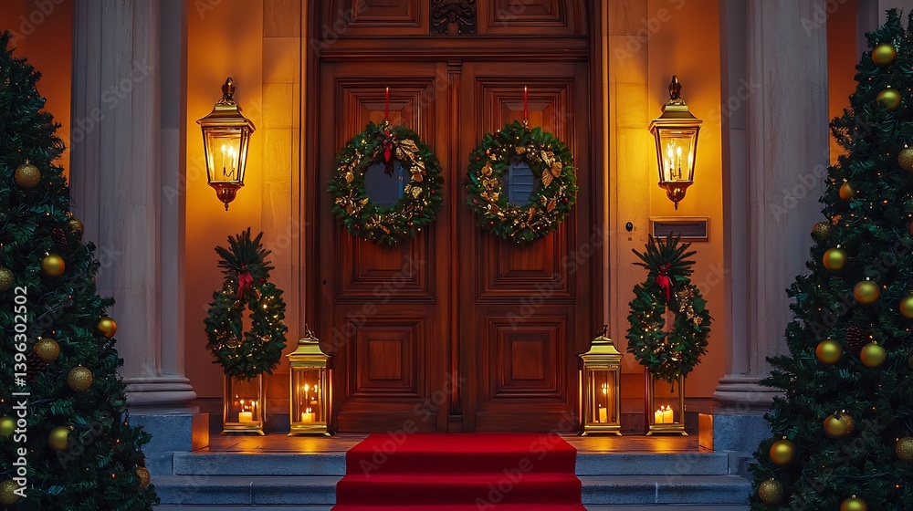 Obraz premium Luxury Christmas entryway grand wooden doors adorned festive wreaths golden candle lit lanterns on either side red carpet leading inside warm inviting ambiance