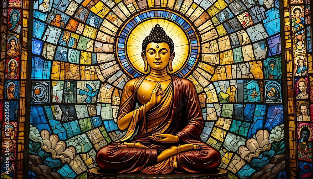 Obraz premium Stunning Buddha Stained Glass Window: Serenity and Spiritual Art