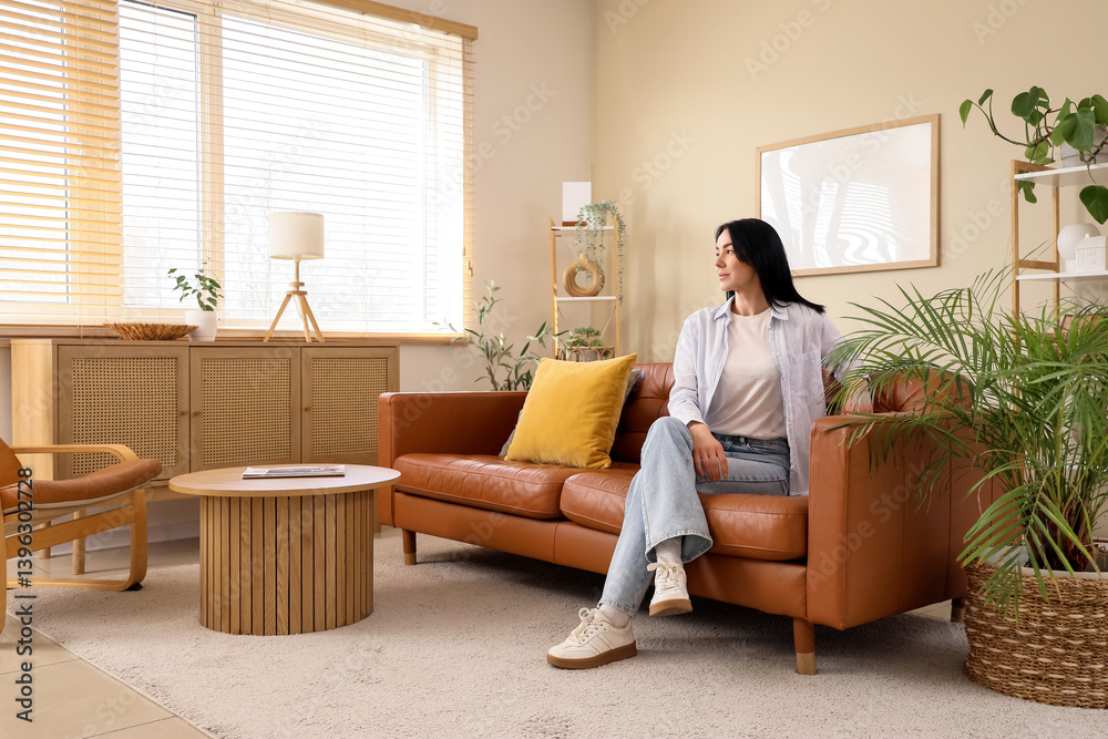 Young woman sitting on brown sofa in living room Young woman sitting on brown sofa in living room