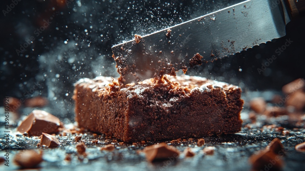 Fototapeta premium A decadent brownie being sliced, sending chocolatey goodness and powdered sugar flying