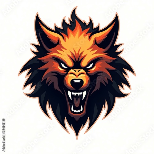 Fierce vector wolf mascot with fiery orange, black, and pixel outlines in bold symmetrical pose—perfect for gaming logos, eSports teams, and digital branding