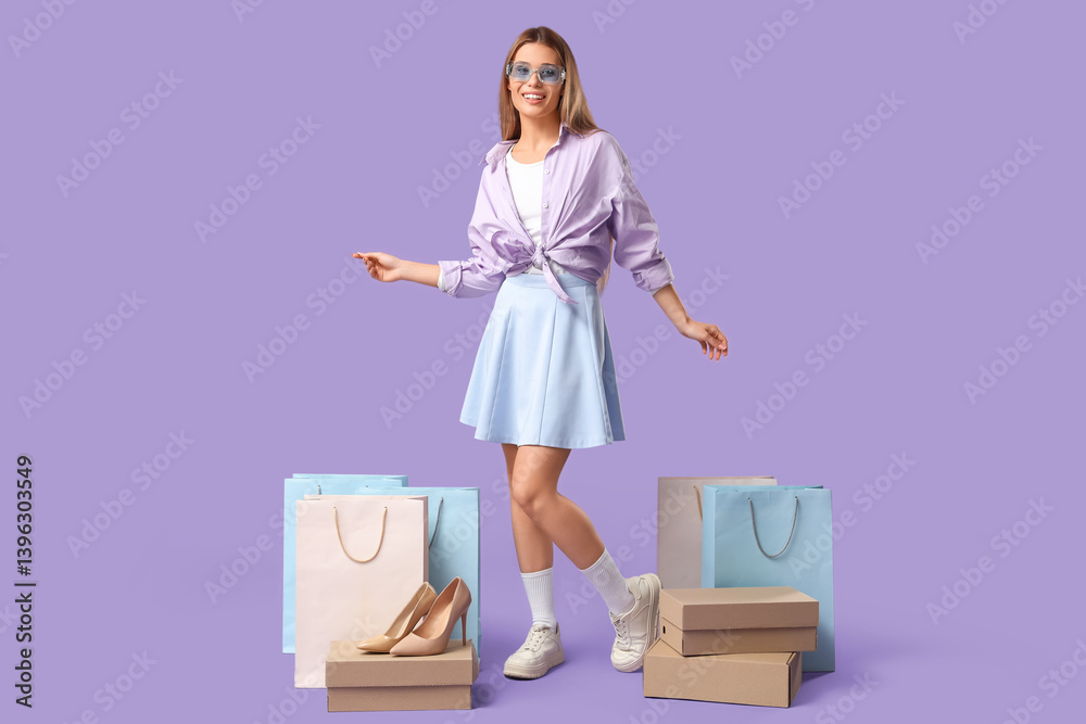 Stylish young woman with shopping bags and shoe boxes on lilac background