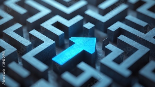 A glowing blue arrow points the way through a complex maze