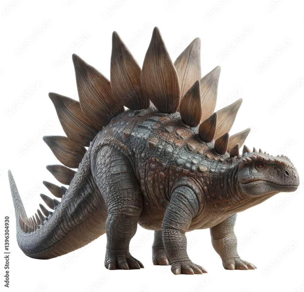 Naklejka premium A detailed model of a Stegosaurus stands against a white background.