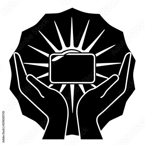 A pair of hands offering a glowing gift card silhouette