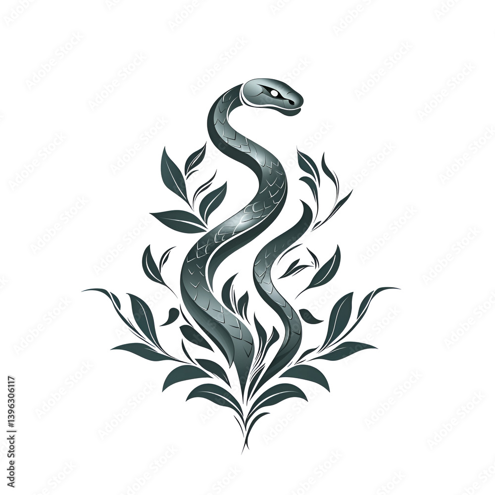 Fototapeta premium Elegant Silver Serpent Surrounded by Lush Greenery on a Transparent Background